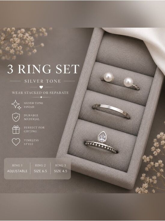 Jewelry - Silver Tone 3-Piece Women’s Ring Set with Pearl and Teardrop Stone